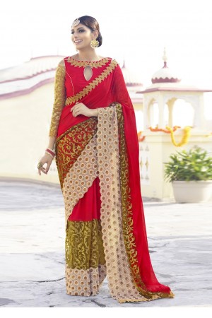 Red Colored Embroidered Net Georgette Festive Saree 96055