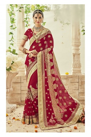 Red Faux Georgette Embroidered Bridal Saree 1202