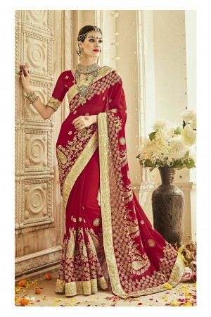 Red Faux Georgette Embroidered Bridal Saree 1204