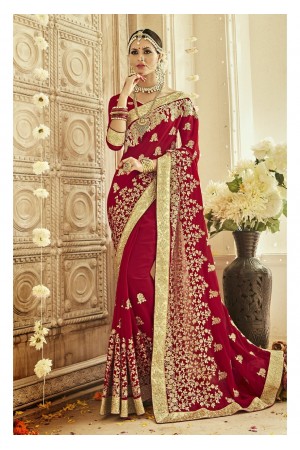 Red Faux Georgette Embroidered Bridal Saree 1205