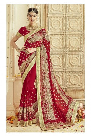 Red Faux Georgette Embroidered Bridal Saree 1206