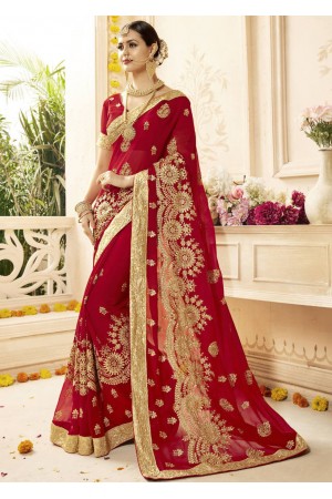 Red Faux Georgette Embroidered Bridal Saree 1213