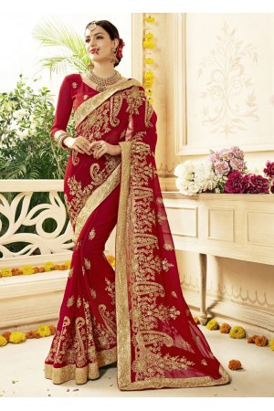 Red Faux Georgette Embroidered Bridal Saree 1214