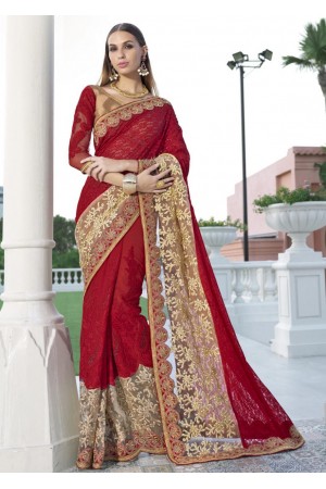 Red Georgette Net Traditional Embroidered Saree 1405