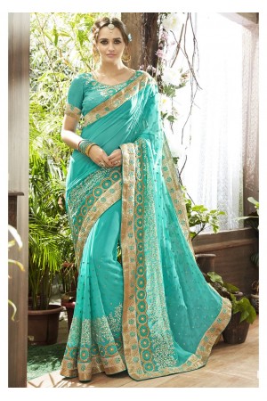 Skyblue Colored Embroidered Faux Georgette Partywear Saree 87061