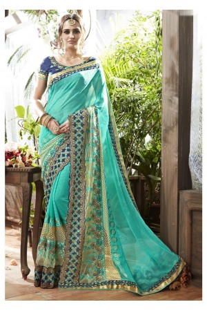 Skyblue Colored Embroidered Faux Georgette Partywear Saree 87071