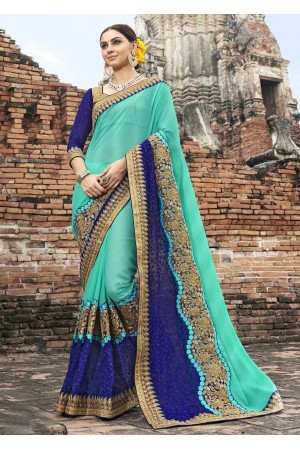 Skyblue Colored Embroidered Faux Georgette Partywear Saree 87080