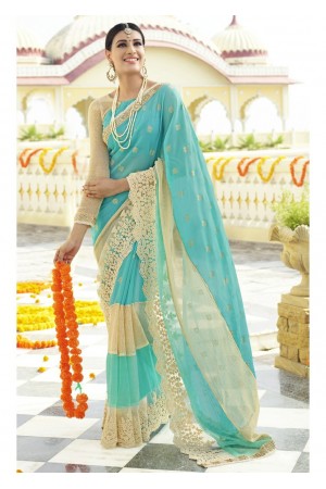 Skyblue Colored Embroidered Faux Georgette Partywear Saree 96061