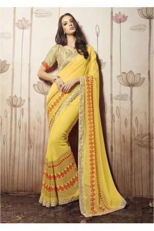 Yellow Colored Printed Faux Georgette Saree 31032 