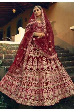 Maroon sequins work velvet bridal lehenga choli 5605