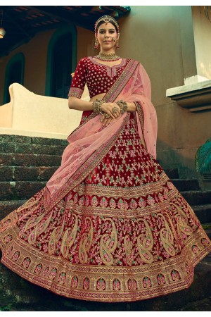 Maroon velvet embroidered bridal lehenga choli 5606