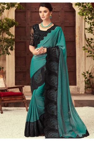 Blue and Black Satin Georgette Party Wear Saree With Border 22007