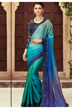 Blue and Green Satin Georgette Party Wear Saree With Border 22016