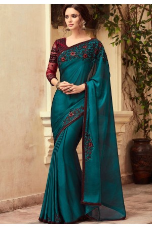 Blue and Maroon Satin Georgette Party Wear Saree With Border 22015