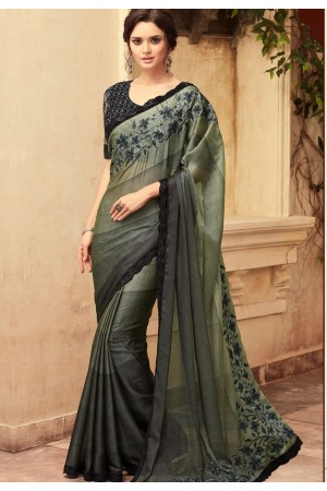 Green and Black Satin Georgette Party Wear Saree With Border 22008