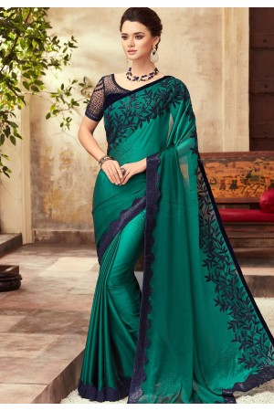 Rama Green Satin Georgette Party Wear Saree With Border 22004