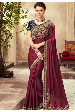 Wine and Blue Satin Georgette Party Wear Saree With Border 22003