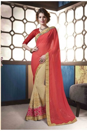 Party-wear-beige-red-color-saree