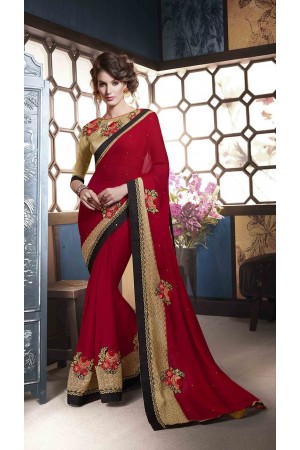 Party-wear-gold-red-beige-colour-saree