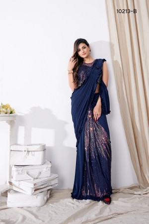 Blue sequins work lycra readymade saree 10213b