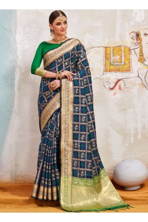 Navy blue and green Indian Silk wedding wear saree