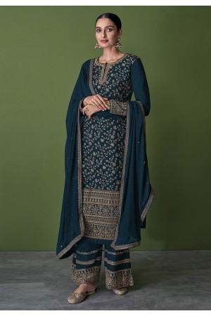 Faux georgette embroidered pakistani suit in Teal colour 151E