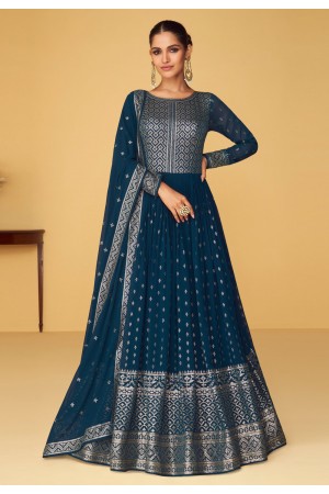 Georgette abaya style Anarkali suit in Teal colour 9359
