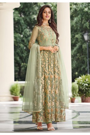 Net embroidered pant style suit in Pista green colour 2064