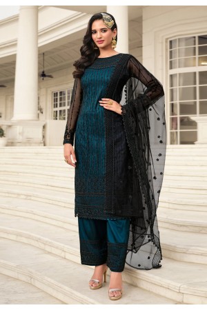 Net embroidered pant style suit in Teal colour 3401