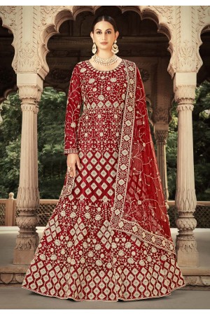 Net long Anarkali suit in Maroon colour 3204