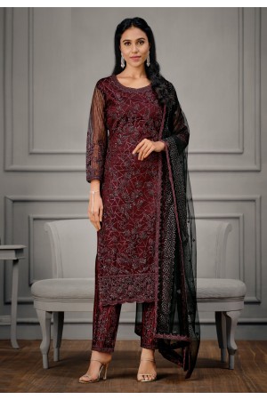 Net pant style suit in Wine colour 4922