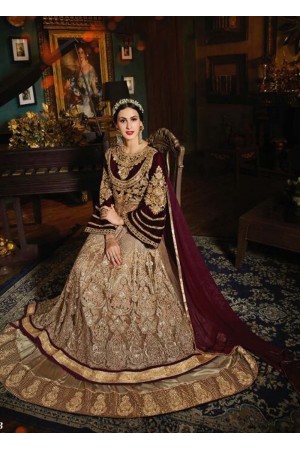 Beige and maroon  color net and velvet  wedding wear anarkali