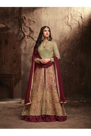 Sonal Chauhan Beige and maroon Net party wear anarkali kameez