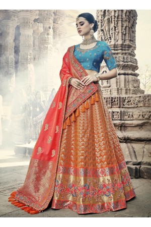 Orange and blue color wedding lehenga