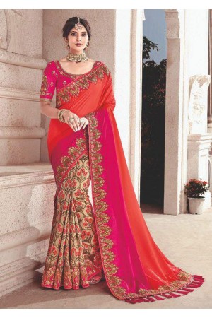 Cream pink fancy silk Indian wedding saree 2307