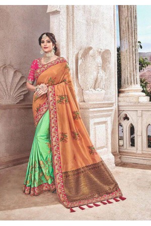 Green peach fancy silk Indian wedding saree 2310
