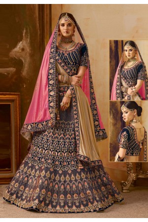 Blue velvet bridal lehenga choli N226B