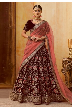 Maroon velvet bridal lehenga choli N233B