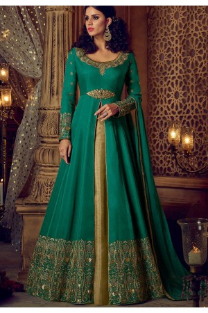 Green and Chiku color Silk party wear Lehenga kameez