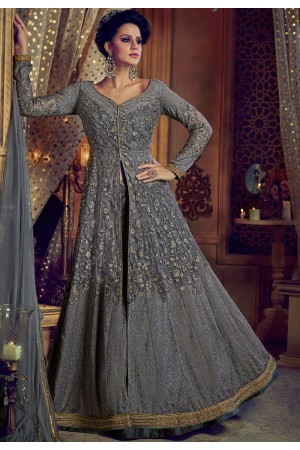 Grey color net and banglori silk party wear Lehenga kameez