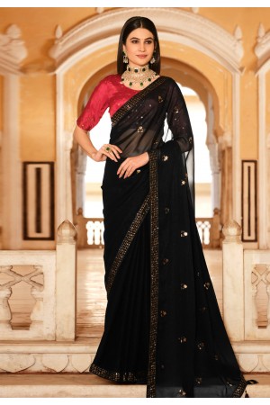Chinon Saree with blouse in Black colour 5436