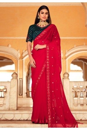 Chinon Saree with blouse in Red colour 5431