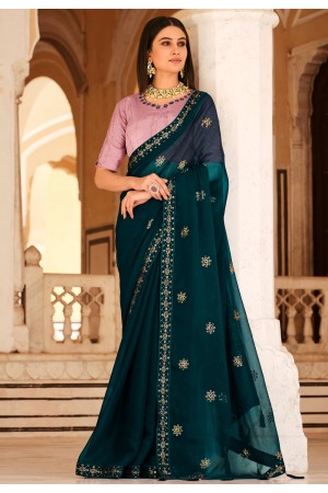 Chinon Saree with blouse in Teal colour 5432