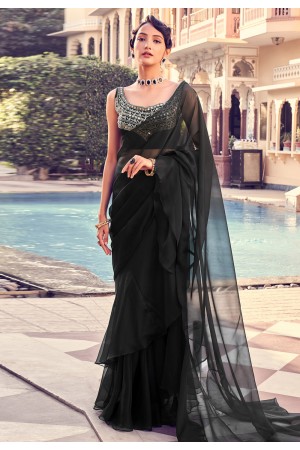 Georgette Saree with blouse in Black colour 48002