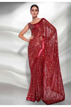 Georgette Saree with blouse in Maroon colour 3874