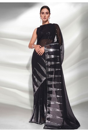 Georgette sequence Saree in Black colour 3875