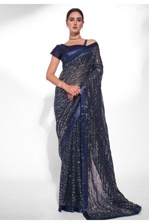 Georgette sequence Saree in Navy blue colour 3873