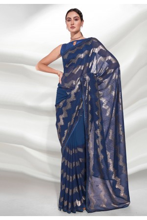 Georgette sequence Saree in Navy blue colour 3943