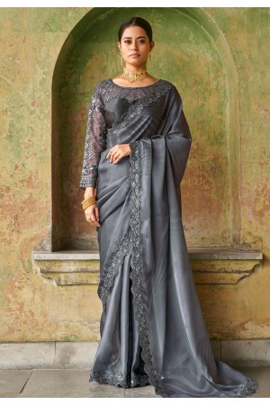 Satin Saree with blouse in Grey colour 1104a