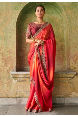 Satin Saree with blouse in Orange colour 1107a